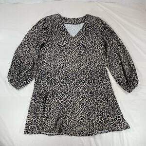 Leopard Print V-Neck Puff Sleeve Shift Dress Tan Brown Black Women’s Medium